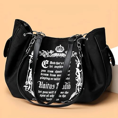 Imagen 2 del producto Bolso de mano de ante sintético con estampado de letras para mujer, bolso de mano Retro de gran capacidad para desplazamientos diarios y llevar a mano. Bolso de calabaza