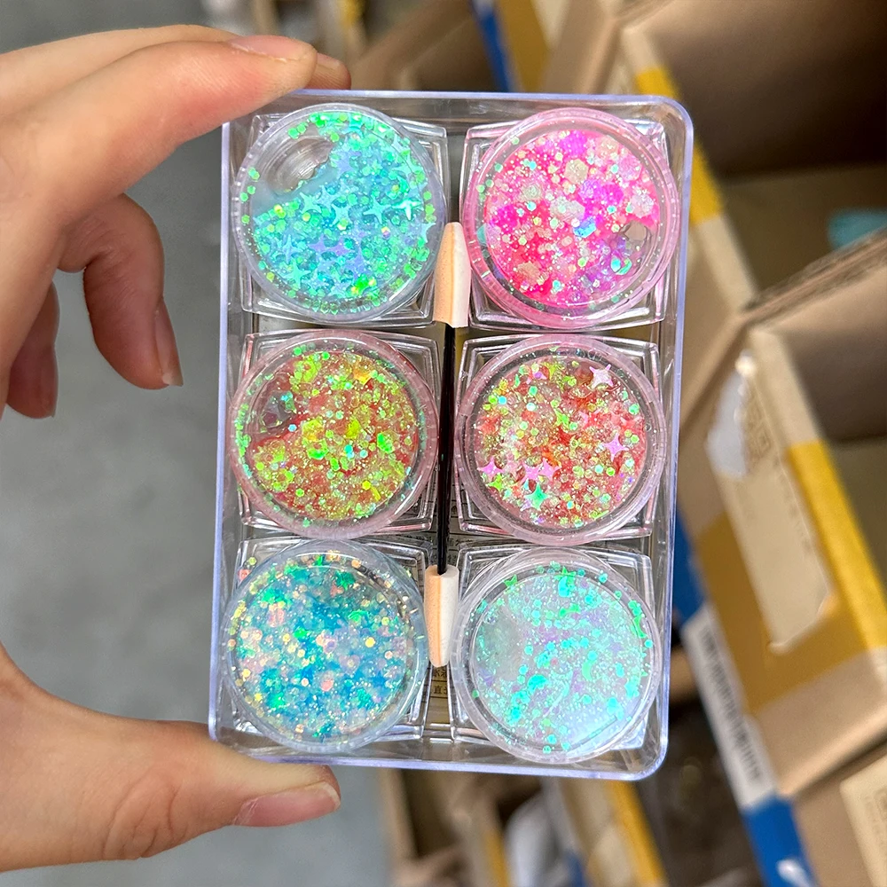 6Jar/set 아이 섀도우 글리터 젤 팔레트 하트 스타 문 카멜레온 젤 스팽글 아이 섀도우 헤어 바디 페이스 카니발 파티 메이크업