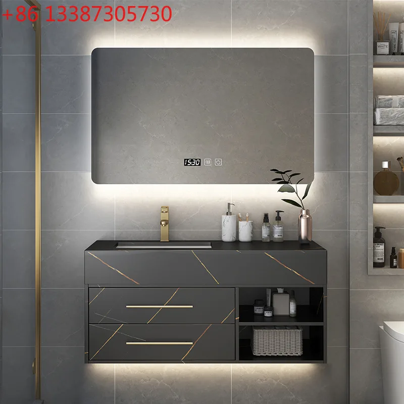 

Rock slab bathroom cabinet light luxury wall-mounted smart mirror washbasin cabinet