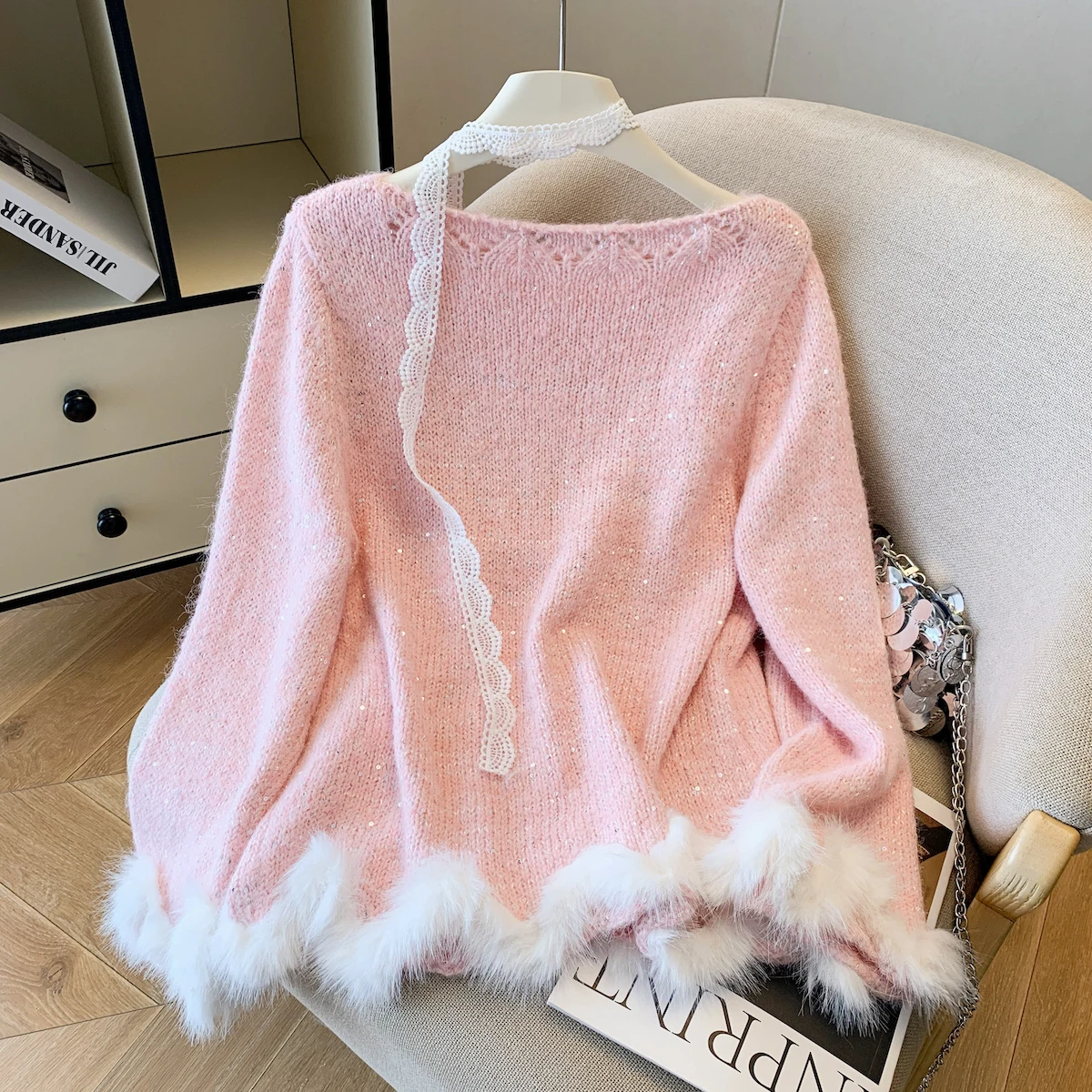 

iny с блестками трикотаж женский средней длины ленивый свитер весна осень новый лоскутный круглый Ne Long Sve теплый излучающий