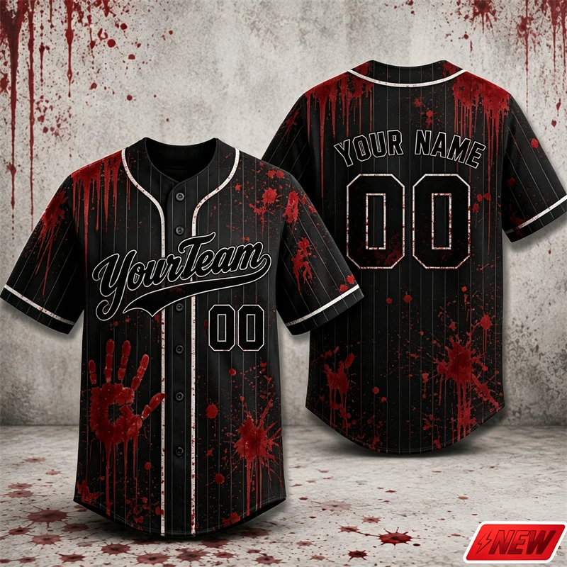 Custom Name Baseball Jersey Men Halloween Quick Dry 3D Print Stripe Blood Handprint Pattern Shirt Unisex Horror Style Party Top