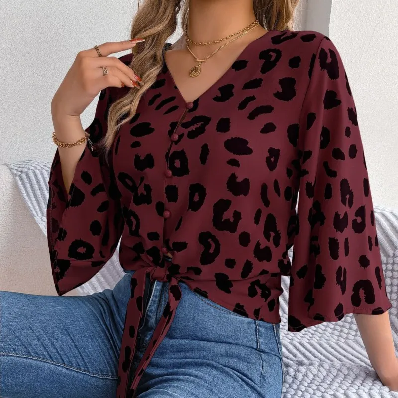 Elegant Flared Sleeve Cardigan Shirt For Women 2024 Autumn Casual Leopard Print Lace Up Chiffon Shirt Top Femme Blusa Chemisier