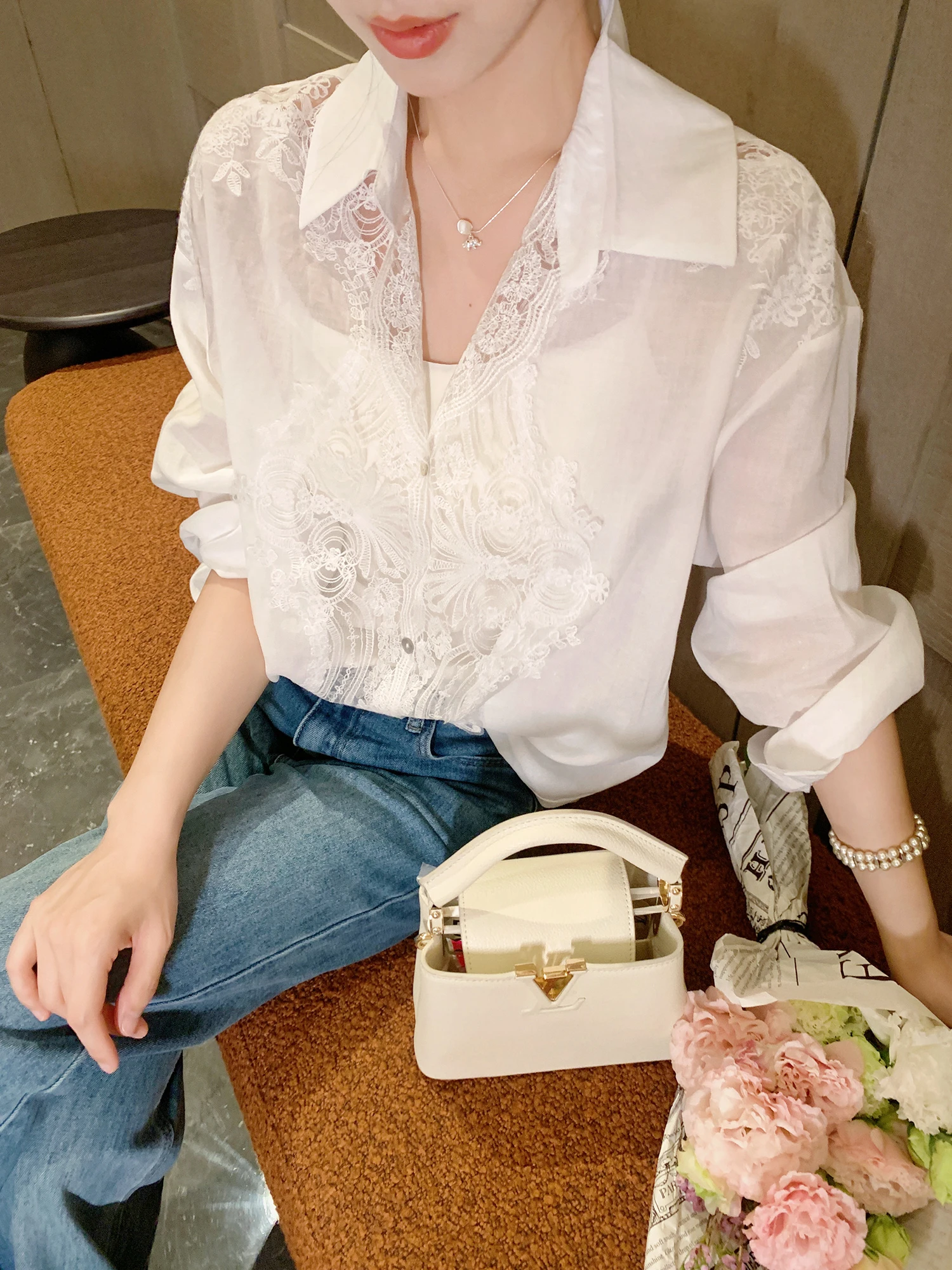 

Gogoa White Lace Splicing Women's Shirt Spring 2026 New Gentle Atmosphere Transparent V-neck Long Sleeve Polyester Fiber