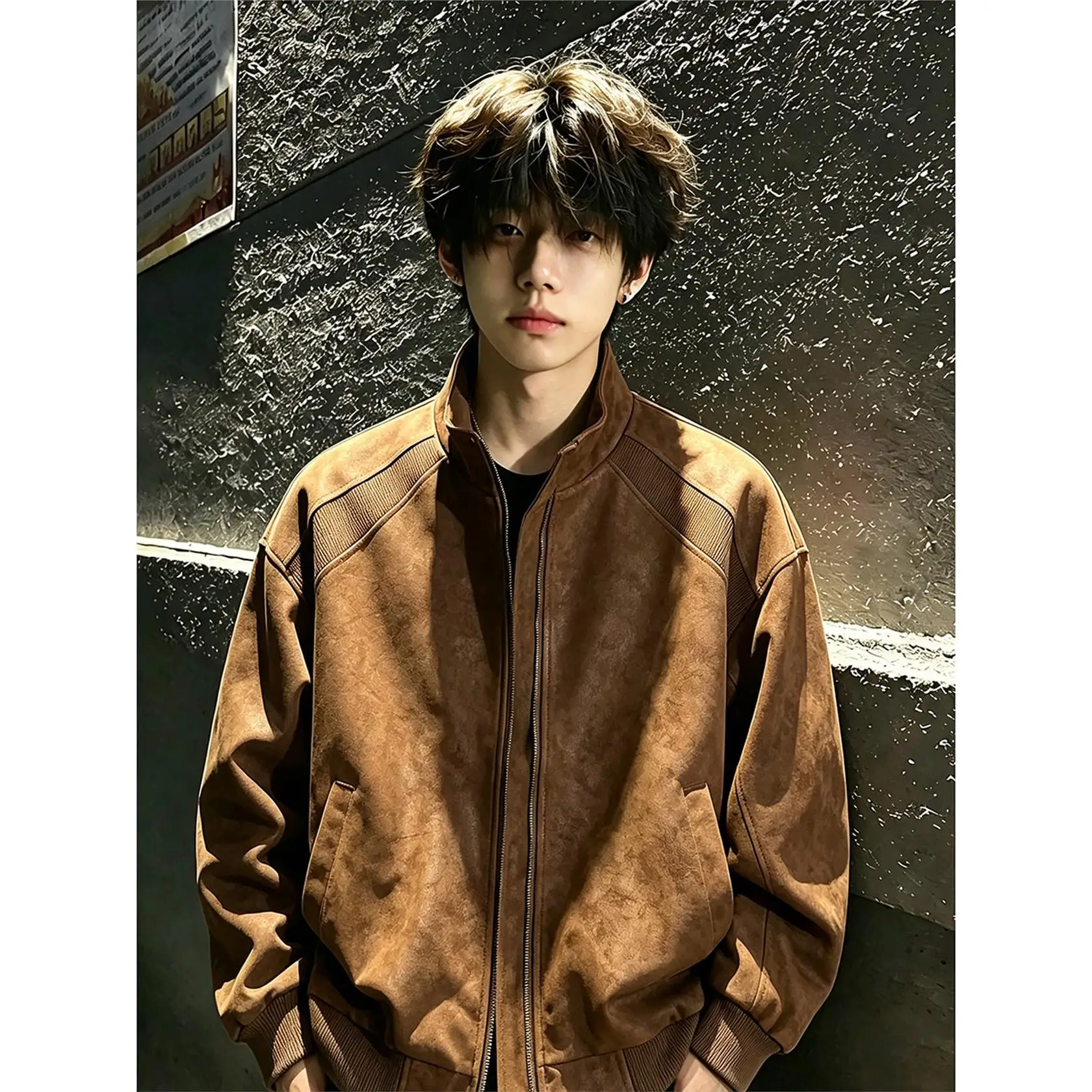 Brown Dyed PU Leather Jacket Men's Style Autumn Cuffed Patchwork Stand Collar Baseball Uniform High-End Feeling Pilot Jacket