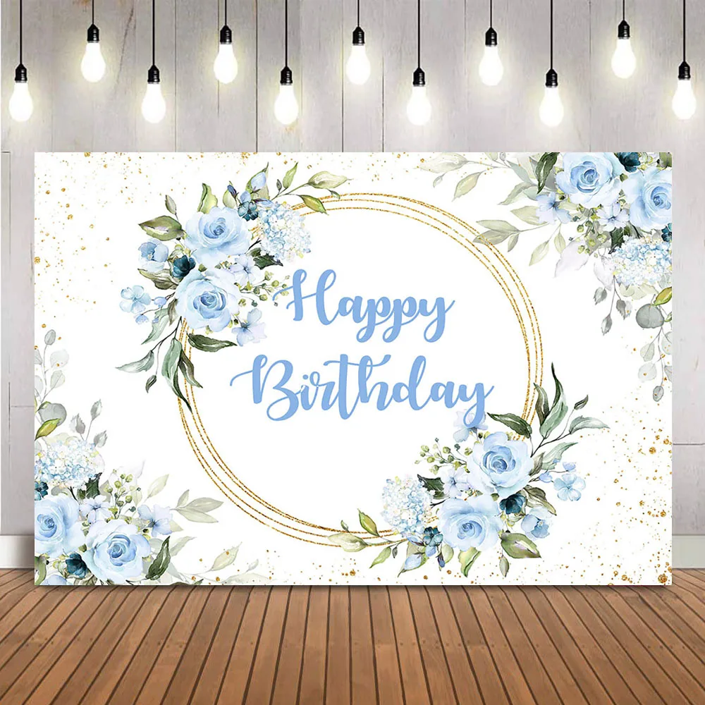 Baby Shower Baptism Backdrop for Boy God Bless Photo Background Blue Flowers Gold Glitter Shining Dots Photocall Backdrops Prop