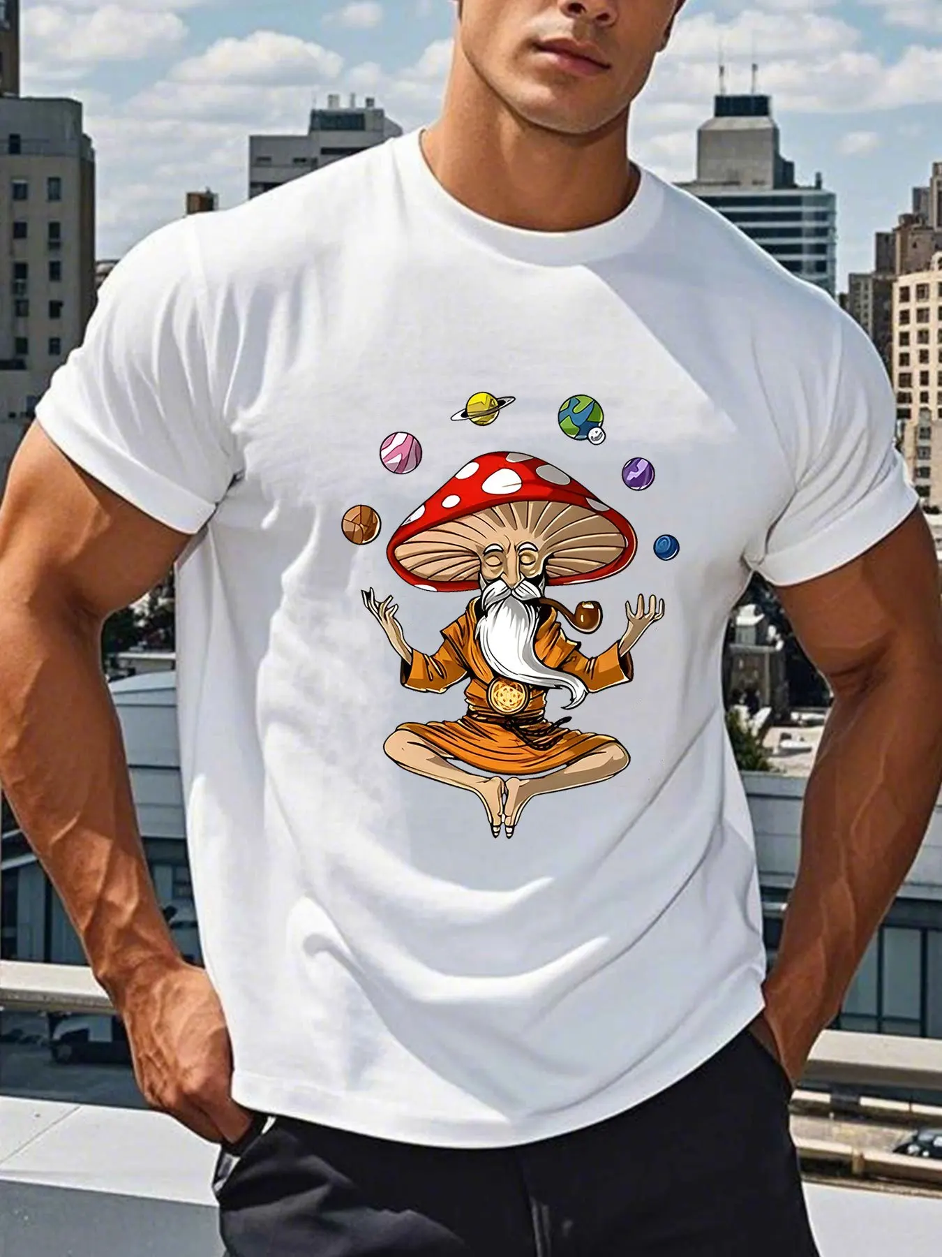 

T-Shirt, Lightweight and Breathable, Round Neck, Short-Sleeved Top, Zen-Inspired Mushroom Character Design, Suitable for Daily Wear and Themed Events, Machine Washable, Fantasy Clothing, Street Fashion, Unique Illustration, Durable, Urban Style