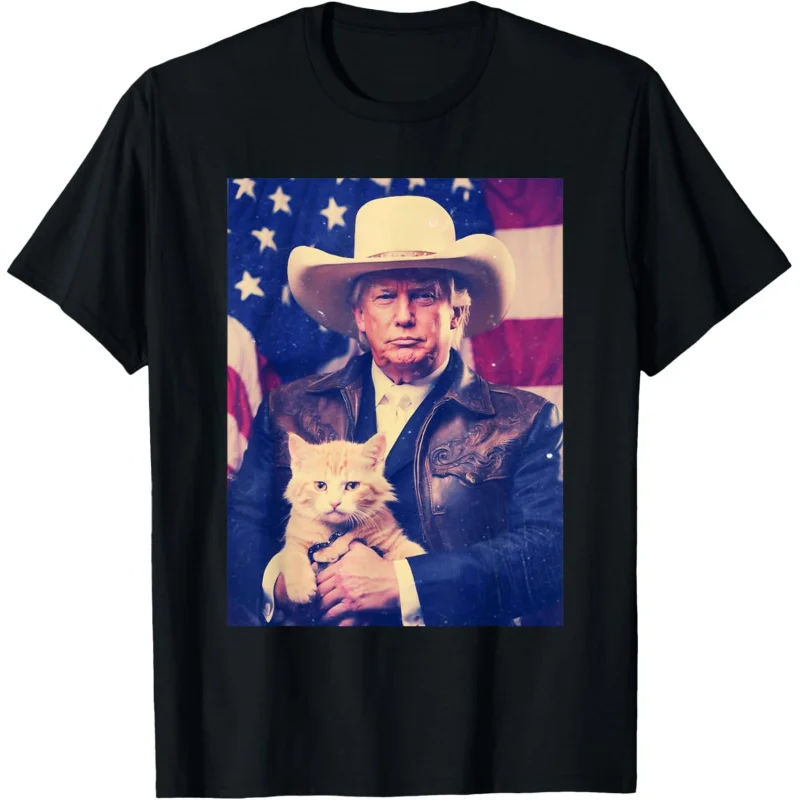 

Cat Shirt Funny Cowboy Donald Trump 2024 American Flag T-Shirt