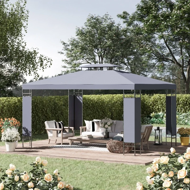 

13' x 10' Patio Gazebo Outdoor Canopy Shelter w/ Double Vented Roof For outdoor garden backyard,Grey