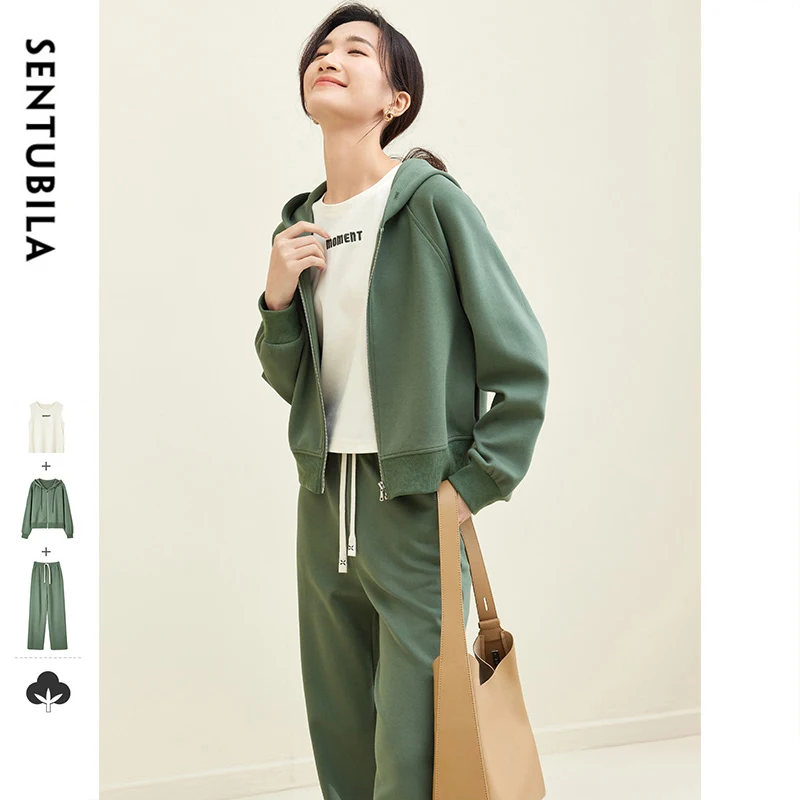 SENTUBILA 3 Piece Women Tracksuits Casual Sweat Pant Sets 2024 Fall Outfits Hooded Zipper Jacket Long Pants Tank Top 143Z58002X