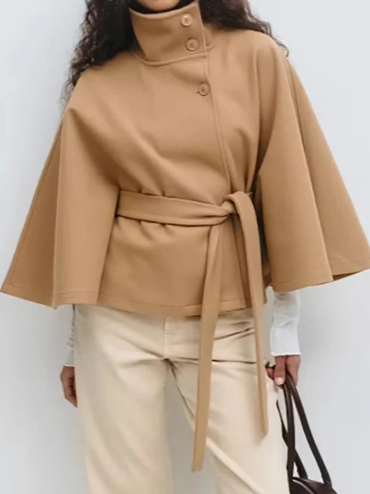 

Fashion Street Lace Up Commuter Outerwear Fall Elegant Button Woolen Short Coat 2025 New Women's Stand Collar Long Sleeve Jacket