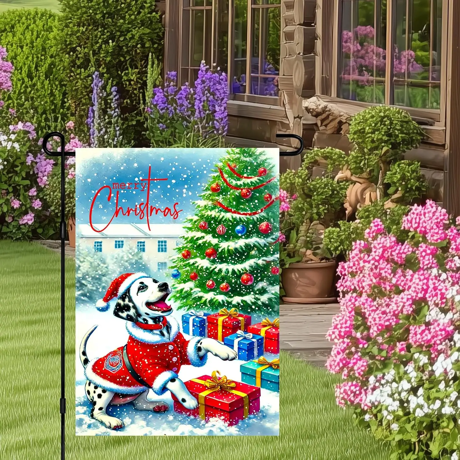 Christmas Welcome Garden Flag With Dalmatian Dog In Santa Outfit Christmas Tree Gifts And Snowflakes Double-Sided Design For yyi