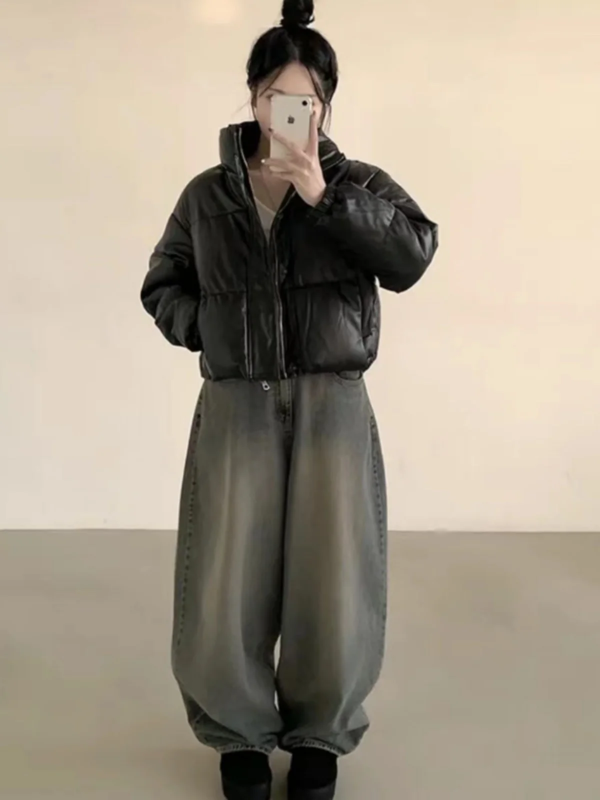 سترة نسائية على الطراز الكوري من القطن والجلد الصناعي، قصيرة وسميكة وفضفاضة ومتعددة الاستخدامات، معطف شتوي بأسلوب عملي وأكمام...