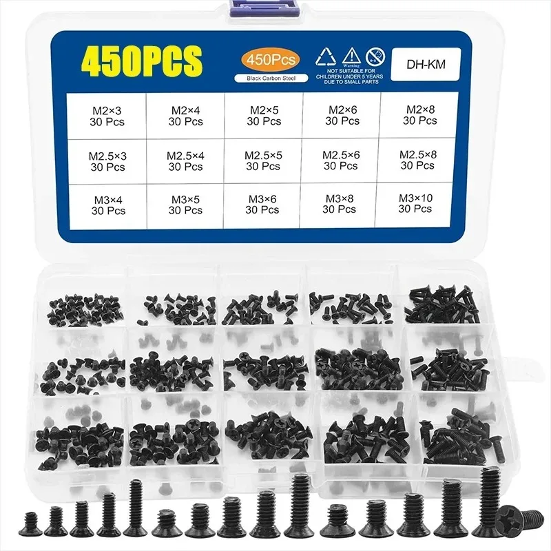 450 peças cabeça plana escareada phillips mini preto cruz km parafusos kit de acessórios de parafuso para computador portátil m2 m2.5 m3