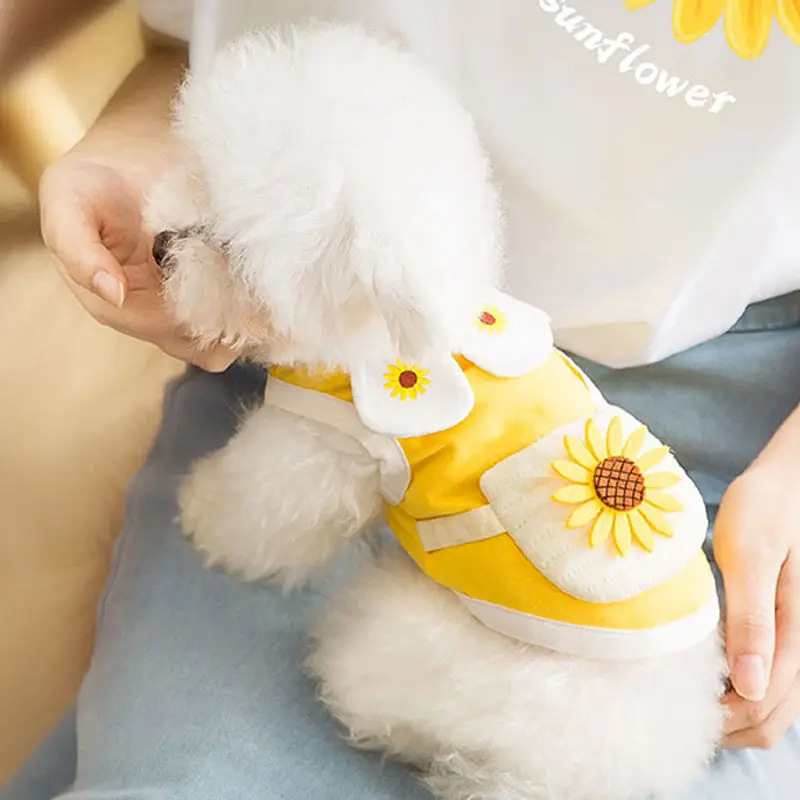 Spring Summer Thin Puppy Vest Short Skirt Petal Collar Shoulder Bag Cute Sunflower Cat Clothes Small Medium Pet Clothes