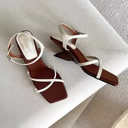 Beige Heeled Sandals Buckle Strap Retro Woman Shoes Black Sexy Open Pointed Original Comfort Low Rhinestone Stiletto Closed Cat