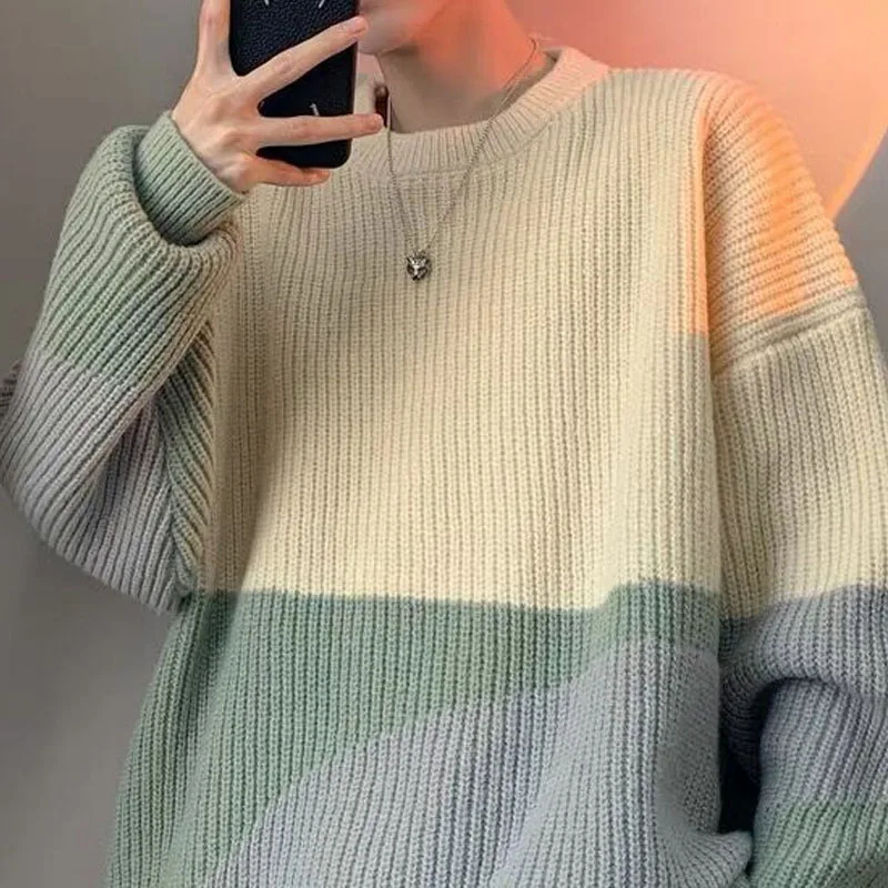 New Autumn/Winter Fashion Art Style Contrast Color Round Neck Versatile Loose Casual and Handsome Men\'s Long Sleeve Sweater