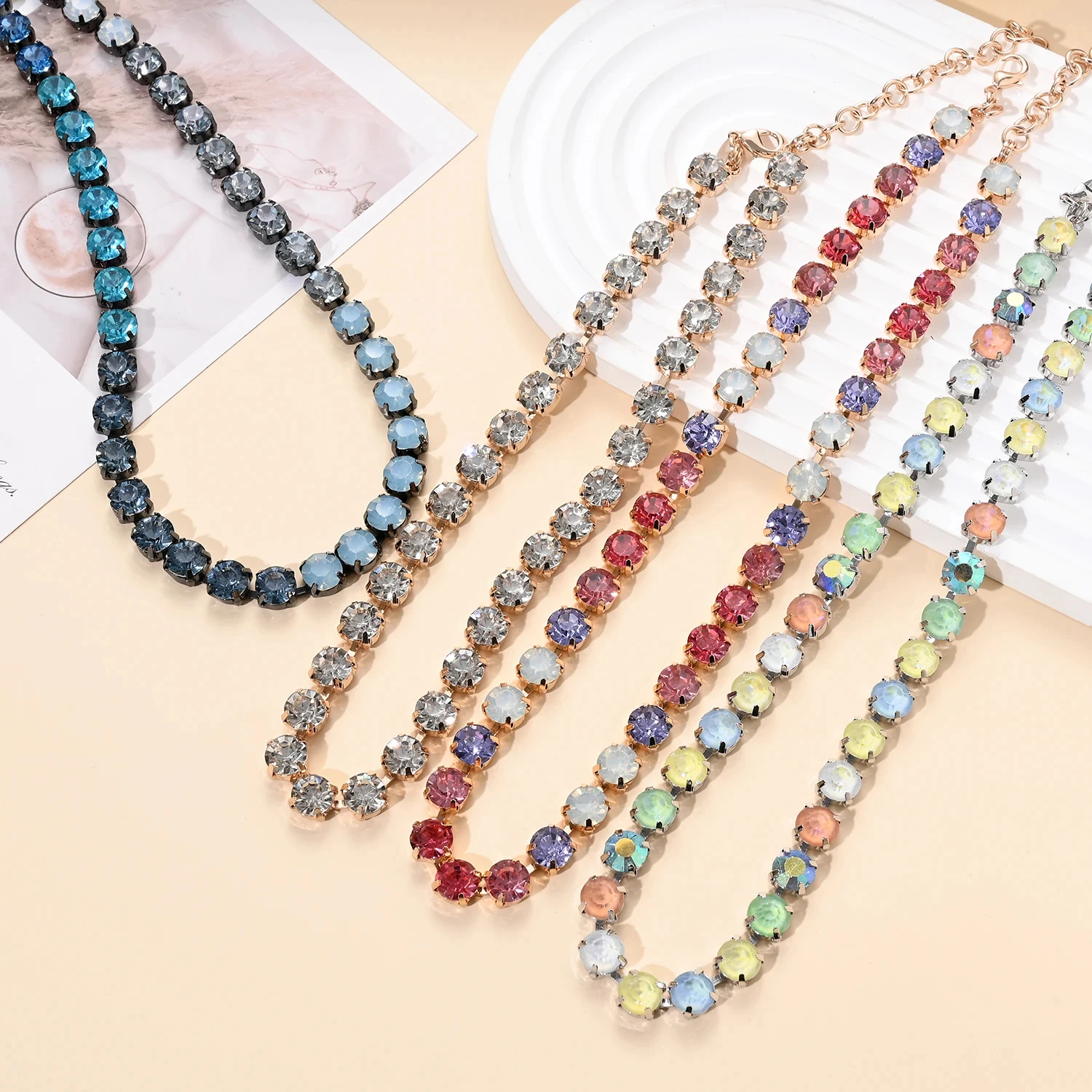 BEUTIFOR Strassperlen, bunte Kristall-Halskette für Damen, handgefertigt, Krallenfassung, Zirkonia-Halsband, Zubehör – Detail 2