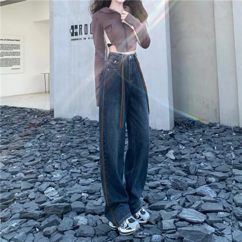 Calça Jeans Baggy de Cintura Alta Feminina, Calça Y2K, Roupa Feminina, Streetwear, Moda Coreana, Roupa Jeans, Perna Reta, Q244