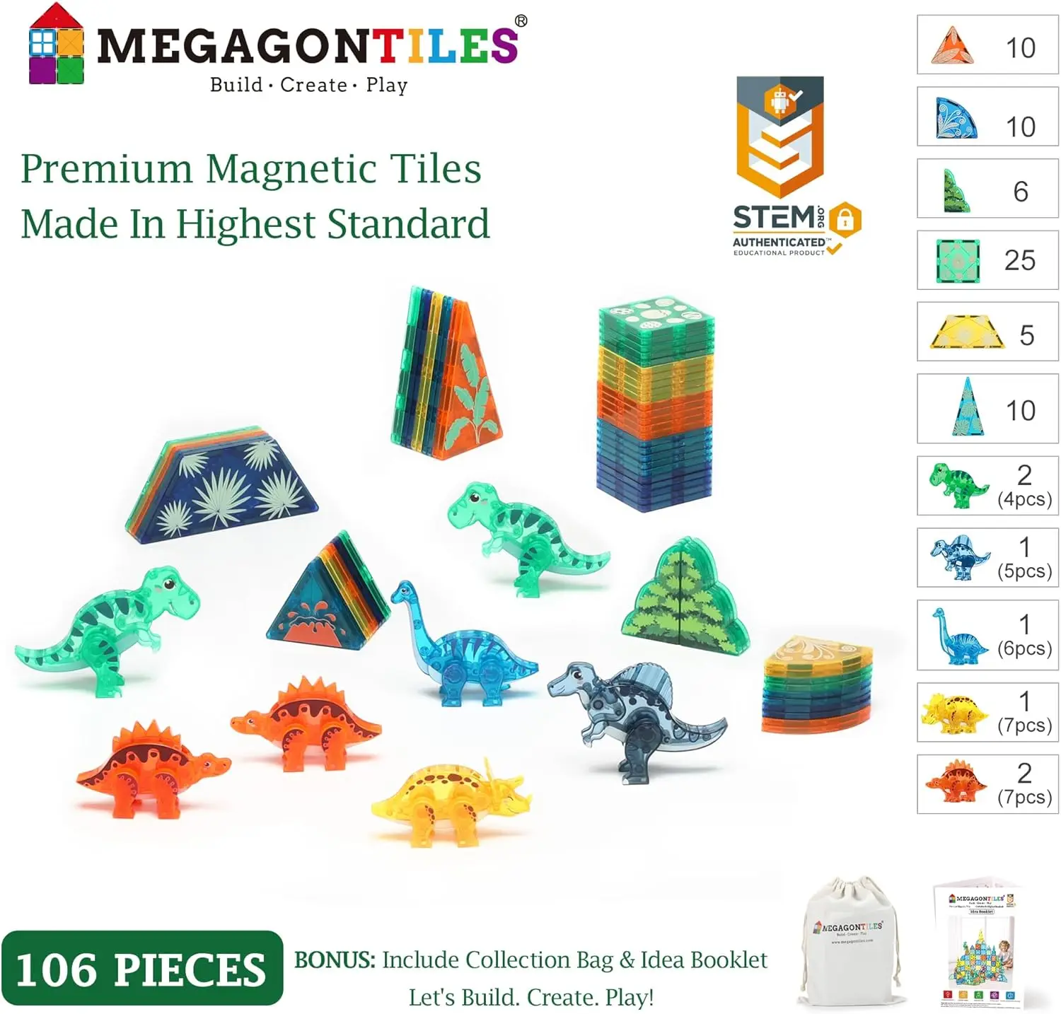 Set di piastrelle magnetiche per dinosauri da 106 pezzi, blocchi magnetici Dino World Toys, TEM AUTENTICATO, piastrelle magnetiche Animali per i più piccoli B