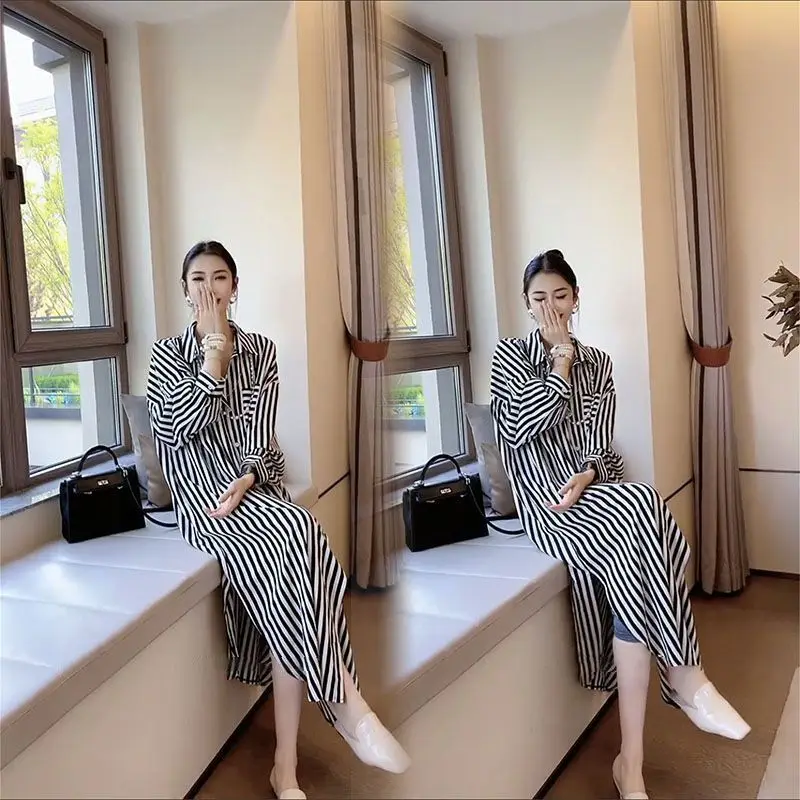 Women Stripe Polo Collar Loose Dress 2026 New Summer Long Sleeve Midi Tummy Control Sun Protection Shirt Robe