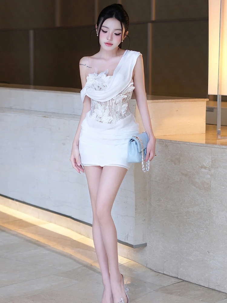 Whatiwear Asymmetric Collar Dress Women 3d Flowers Butterfly Decoration Patchwork Sleeveless Backless Folds Prom Party Bodycon