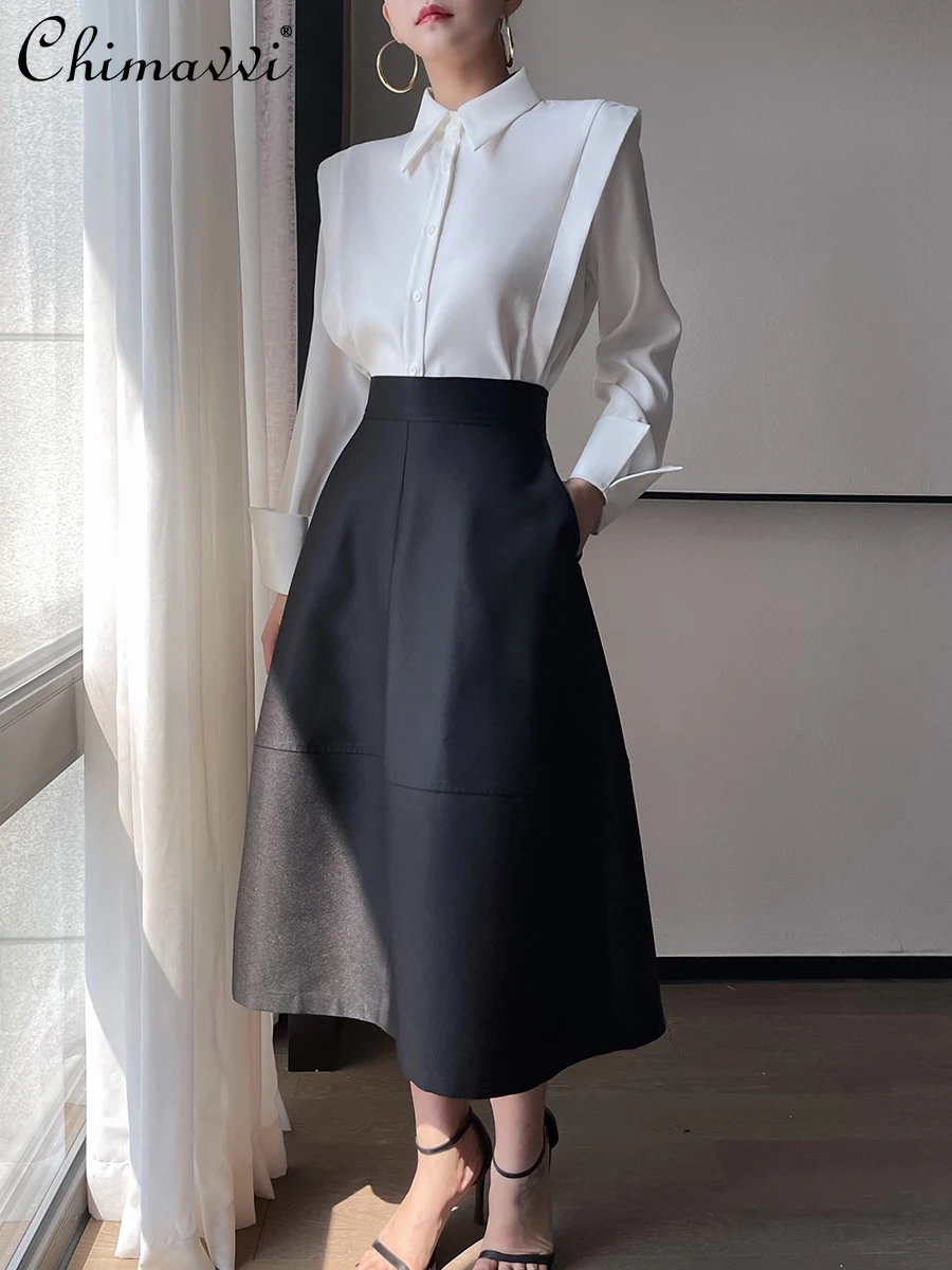 

2024 Spring and Autumn New Black Retro Hepburn Style A- Line Skirt Fashionable Commuter High Waist Slimming Midi Skirt Women