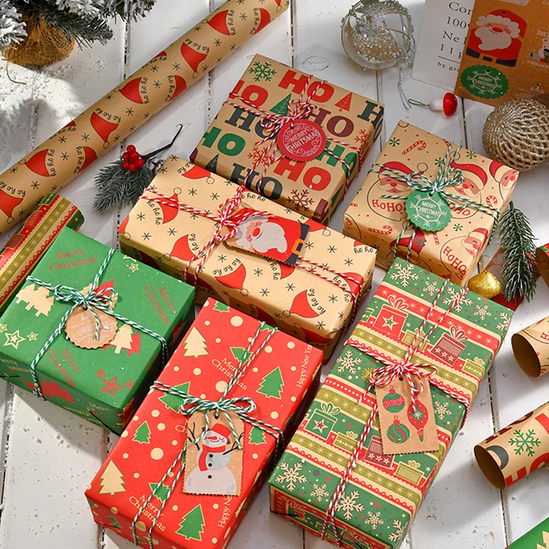 6pcs Vintage Kraft Paper Packaging Paper Christmas Gift Wrapping Paper Snowman Bell Christmas Tree Gift Paper 50*70cm