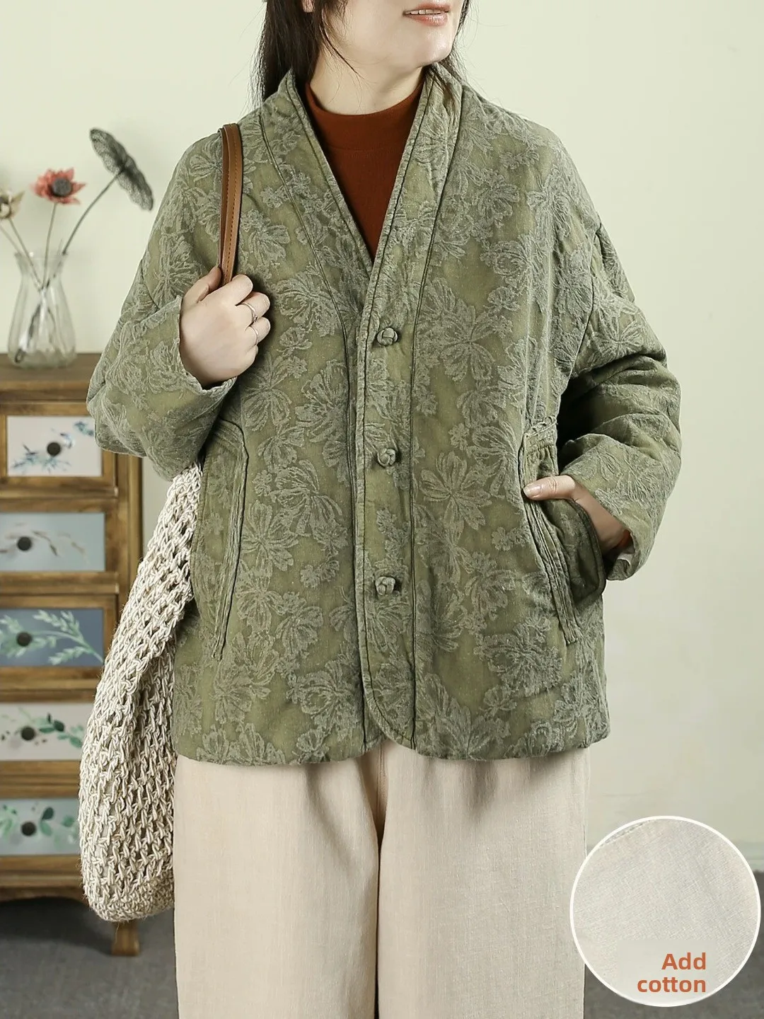 

Женское хлопковое пальто на пуговицах в китайском стиле в стиле ретро с v-образным вырезом, повседневное теплое хлопковое пальто с цветочной вышивкой Thiened Long Sve