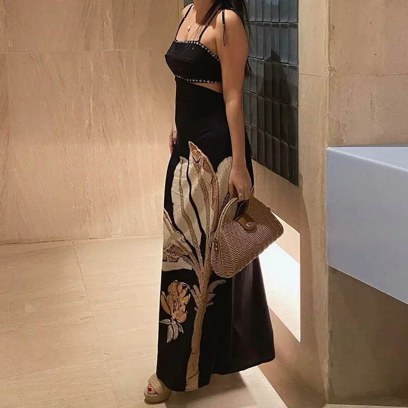 

New Spring Summer Simple Black Hollow Women Dress Sexy Backless Slim Printed Suspender Dress Fashion Bow Tie Up High Waist Dress