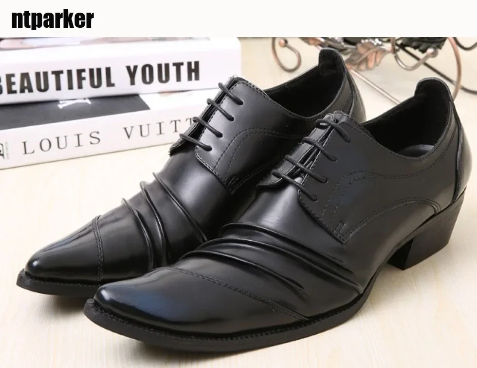 

ntparker Western Men Leather Shoes Black Square Toe Height Increased Men's Business Leather Shoes, EU38-46!