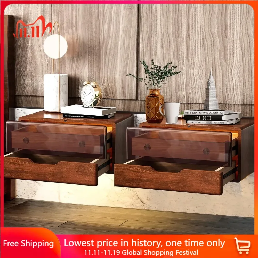 Floating LED Bedside Table 2-piece Set, Intelligent Sensing Bedside Wall Mounted Wooden Side Table with 2 Storage Drawers