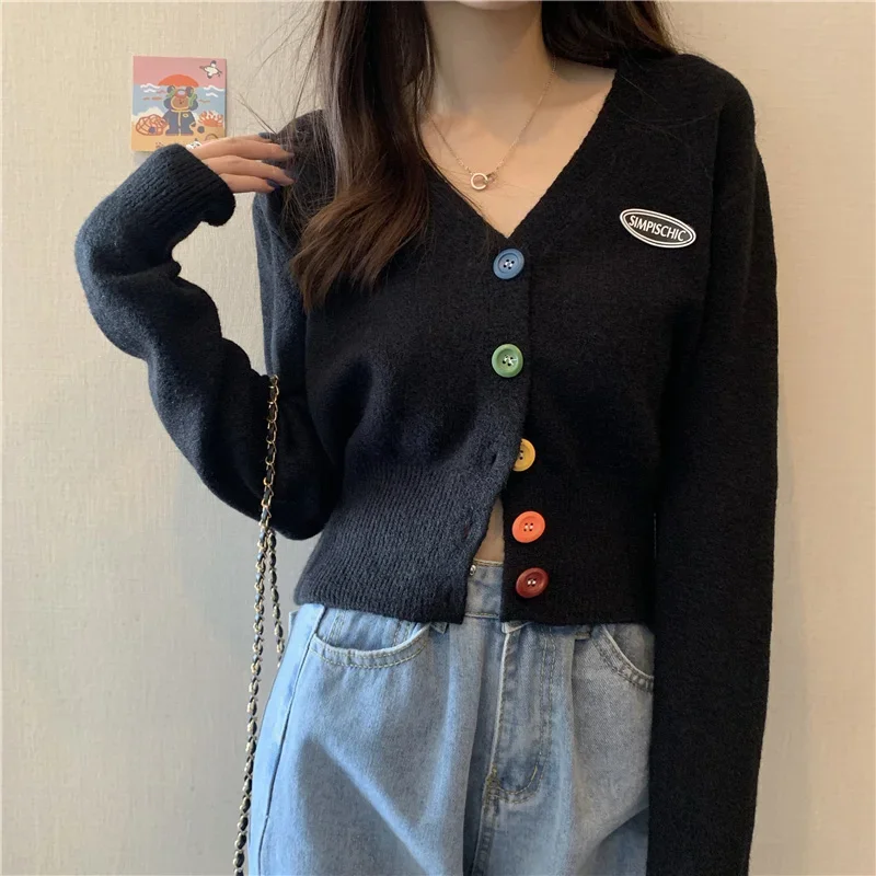 2024 V Neck Cropped Cardigan Sweaters Women Casual Sweet Rainbow Buttons Knitted Coat Korean  Autumn Loose Long Sleeve Sweater