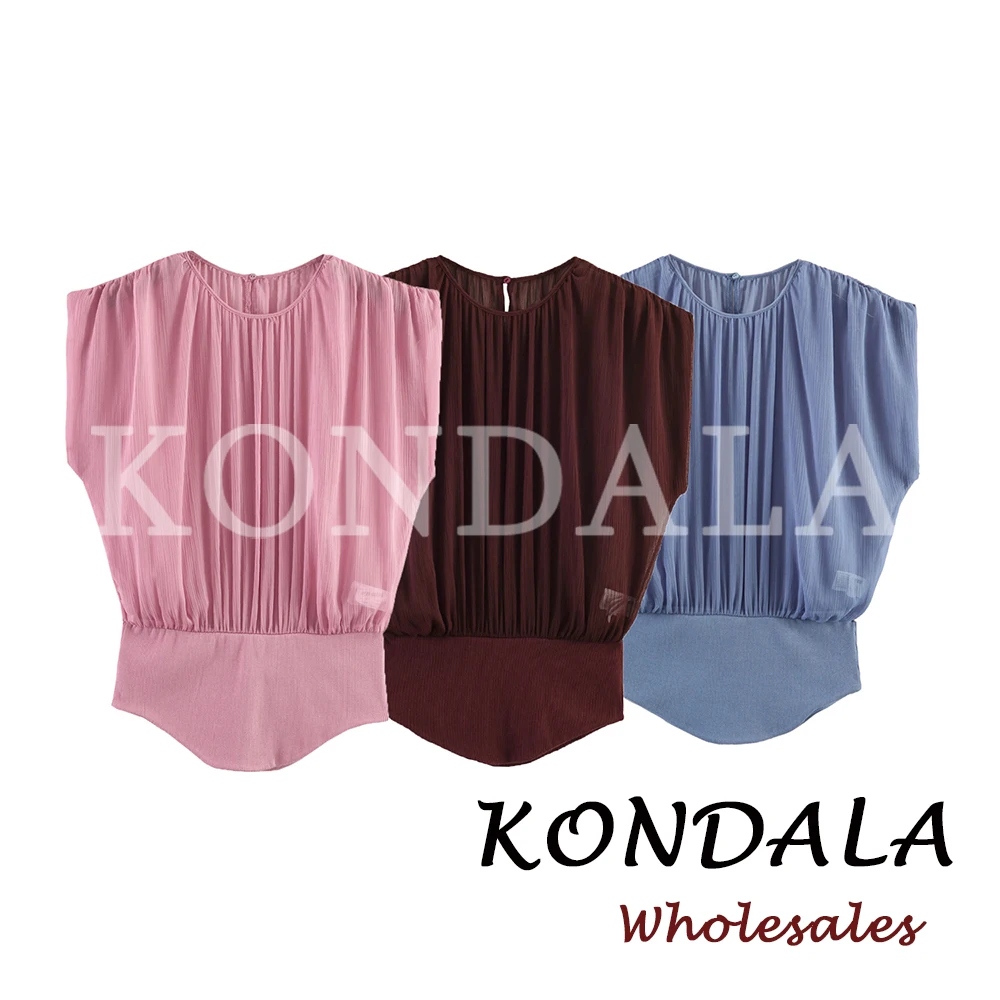 

KONDALA Chic Elegant Solid Spring Women Shirt Casual Fashion 2026 Sleeveless Patchwork Pleated Shirts Elegant O-Neck Female Top