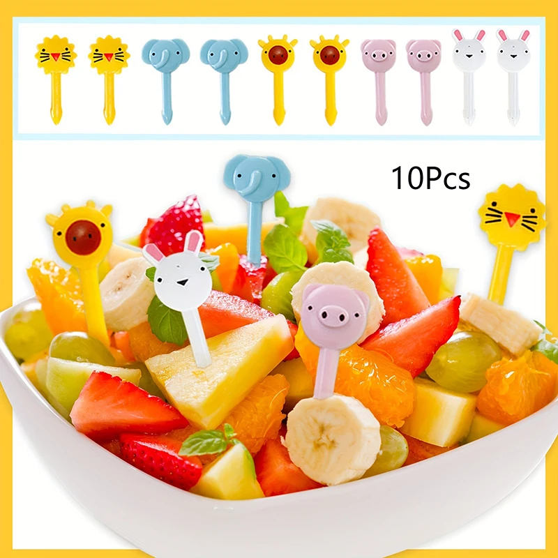 10Pcs Cartoon Animal Food Toothpicks Bento Box Rabbit Lion Elephant Fruit Fork Children Cupcake Top Decor Kitchen Accessories