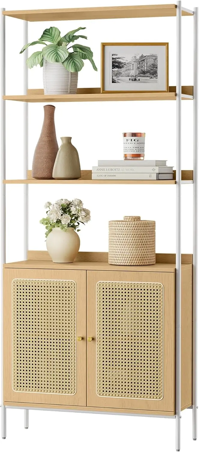 

6-Tier Bookcase, Bookshelf with Rattan-Like Door, Boho Style, Freestanding 30.1-Inch Wide Storage Shelf, Metal Frame