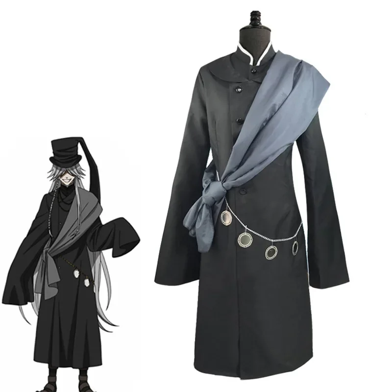 Black Butler Kuroshitsuji Undertaker Cosplay Costume Halloween Party Costumes Custom Made Full Set Hat Chain and Wig