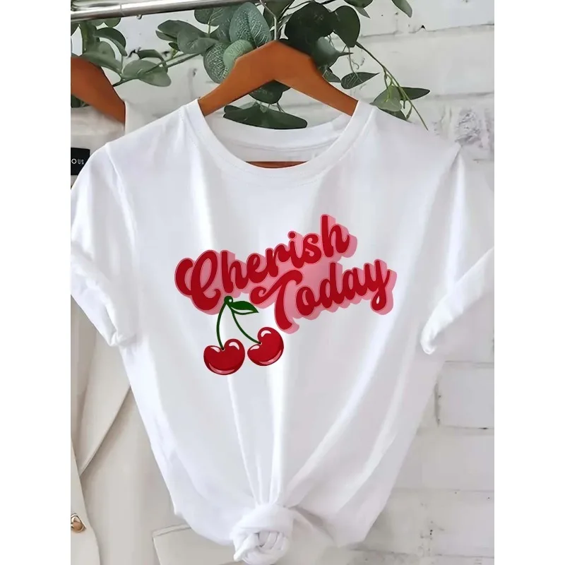 

Women's Casual Short-Sleeve Crew Neck T-Shirt Cherry Pattern Print “Cherish The Moment” Red Cursive Font Playful Design T-Shirt
