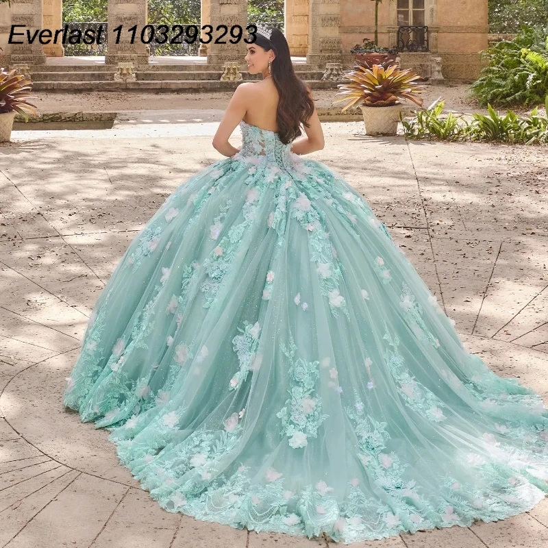 EVLAST Customized Mint Green Quinceanera Dress Ball Gown 3D Floral Applique Beading Corset Sweet 16 Vestido 15 De Años TQD278