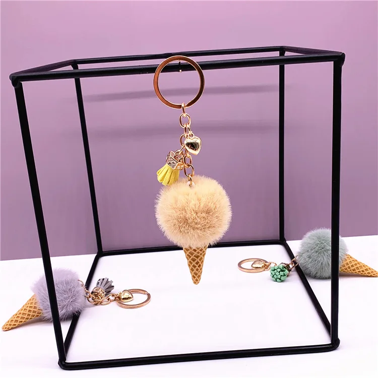 15pcs/set New Ice Cream Keychains for Women Men Plush Pompom Key Chain Rings Pendant Keyring Holder Charm Bag Jewelry Gifts