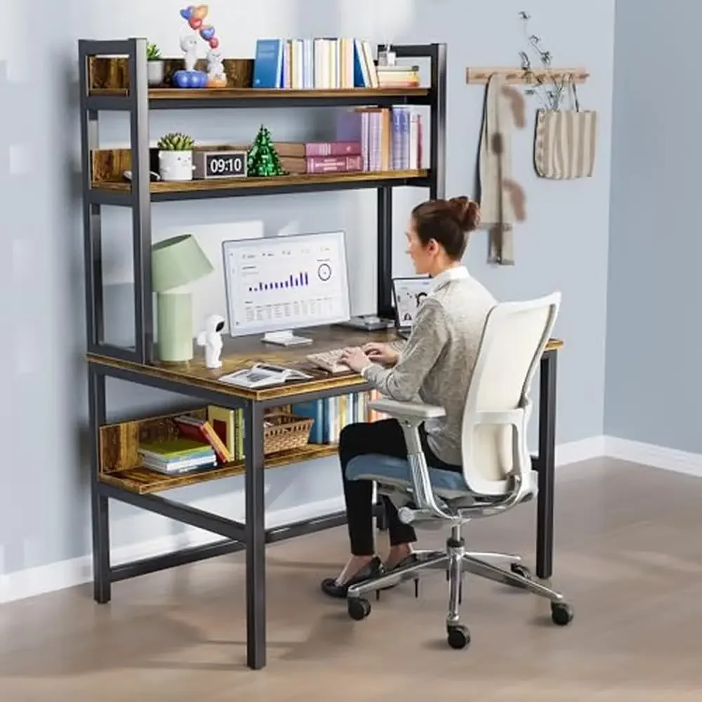 Home Office Desk with Hutch & Bookshelf Spacious Workstation Waterproof Material Adjustable Legs Rust-Free Metal Frame Easy