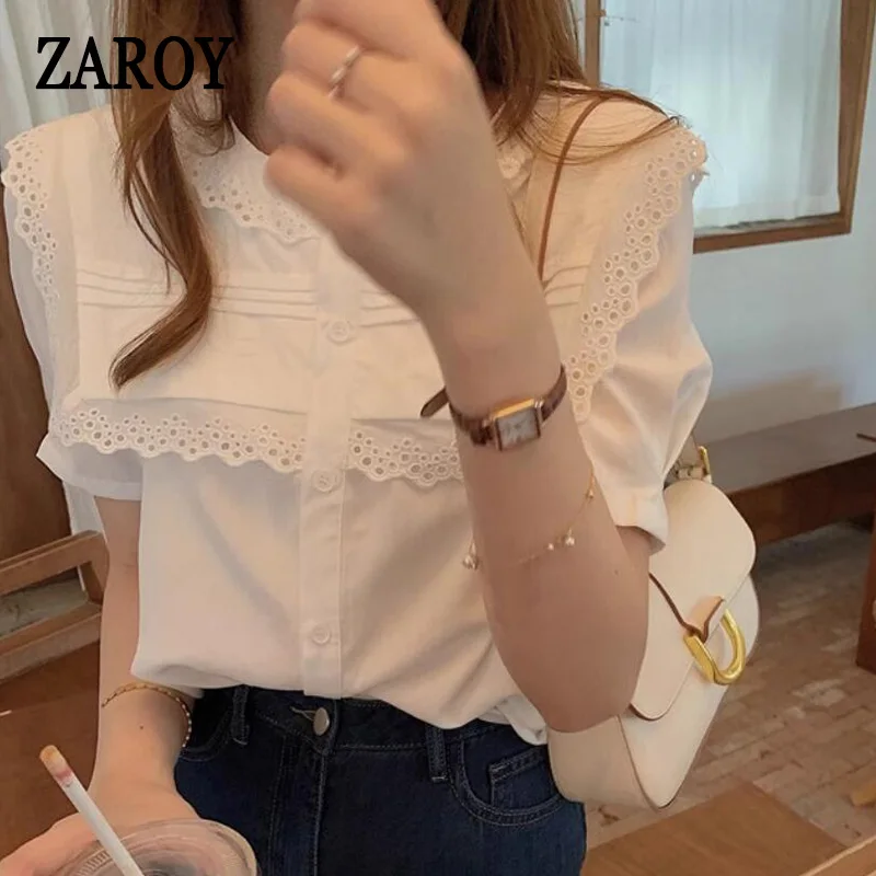 ZAROY camisas قمصان وبلوزات White Blouse Women Shirts blusas Button Up Shirt Ruffles O-neck Fashion Short Sleeve Casual Tops