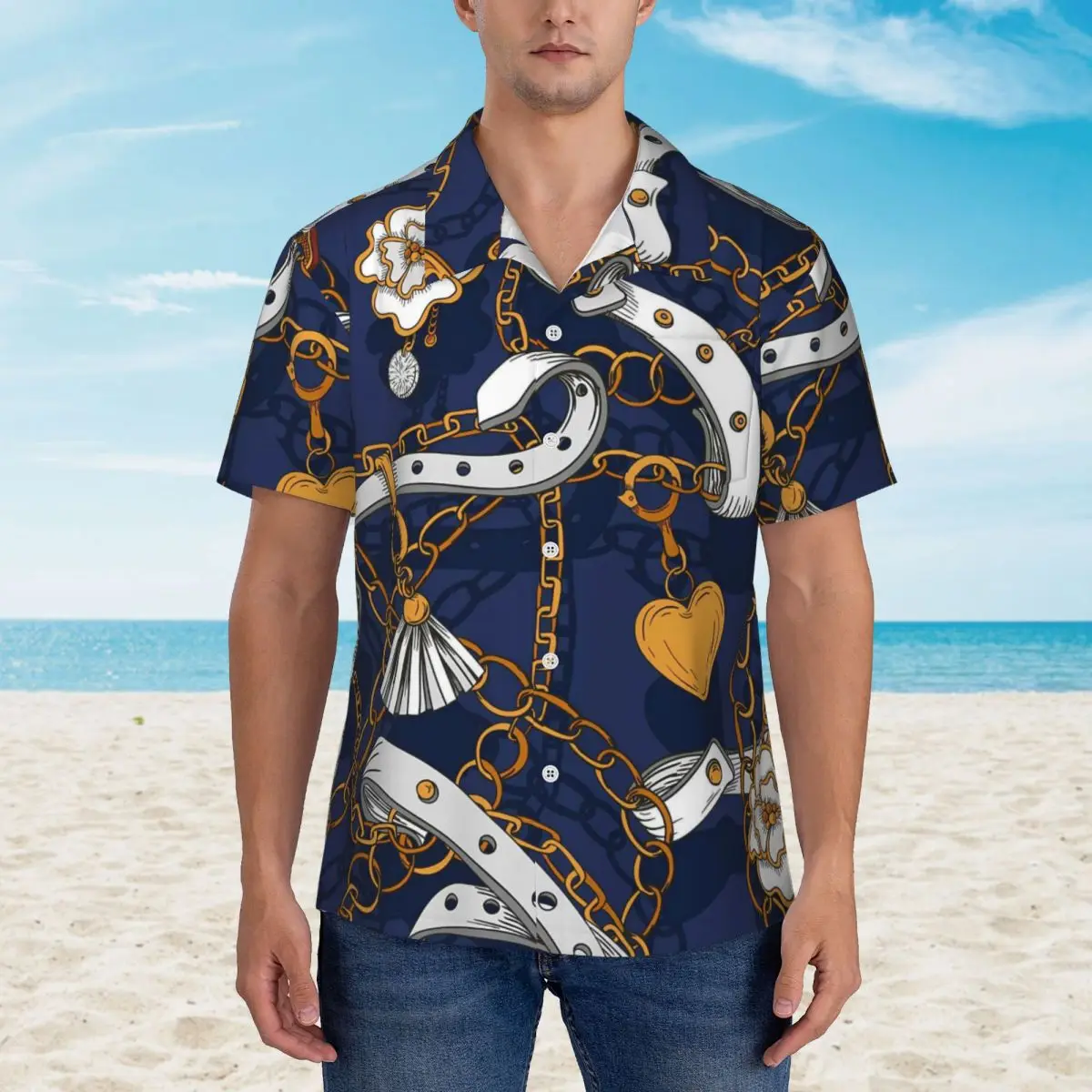 

Hawaiian Shirt Beach Gold Chains And Beads Blouses White Flower Novelty Casual Shirts Male Short Sleeve Stylish Tops