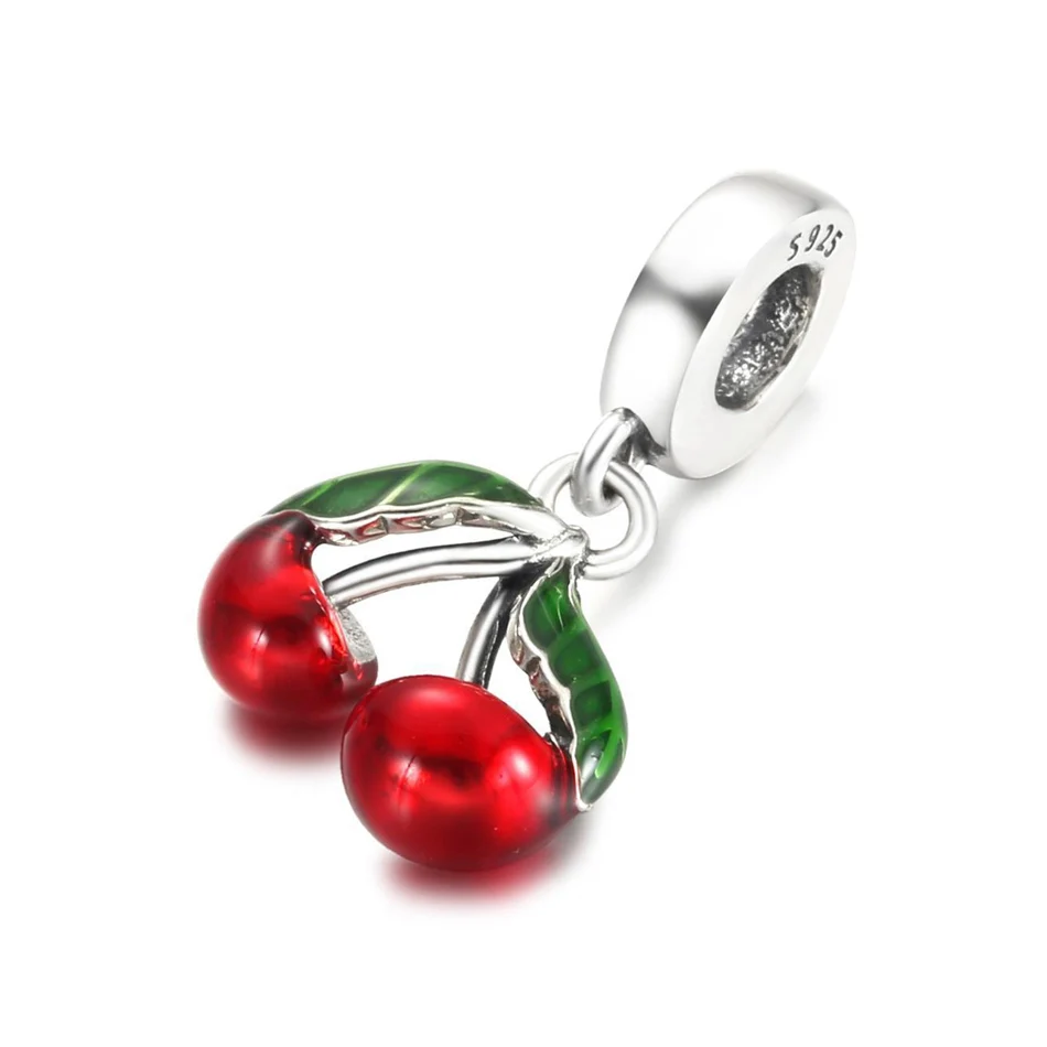 Cherry & Leaf Dangle Charm Fit Women Bracelet & Bangle DIY Jewelry Authentic S925 Sterling Silver Fruit Bead Birthday Gift