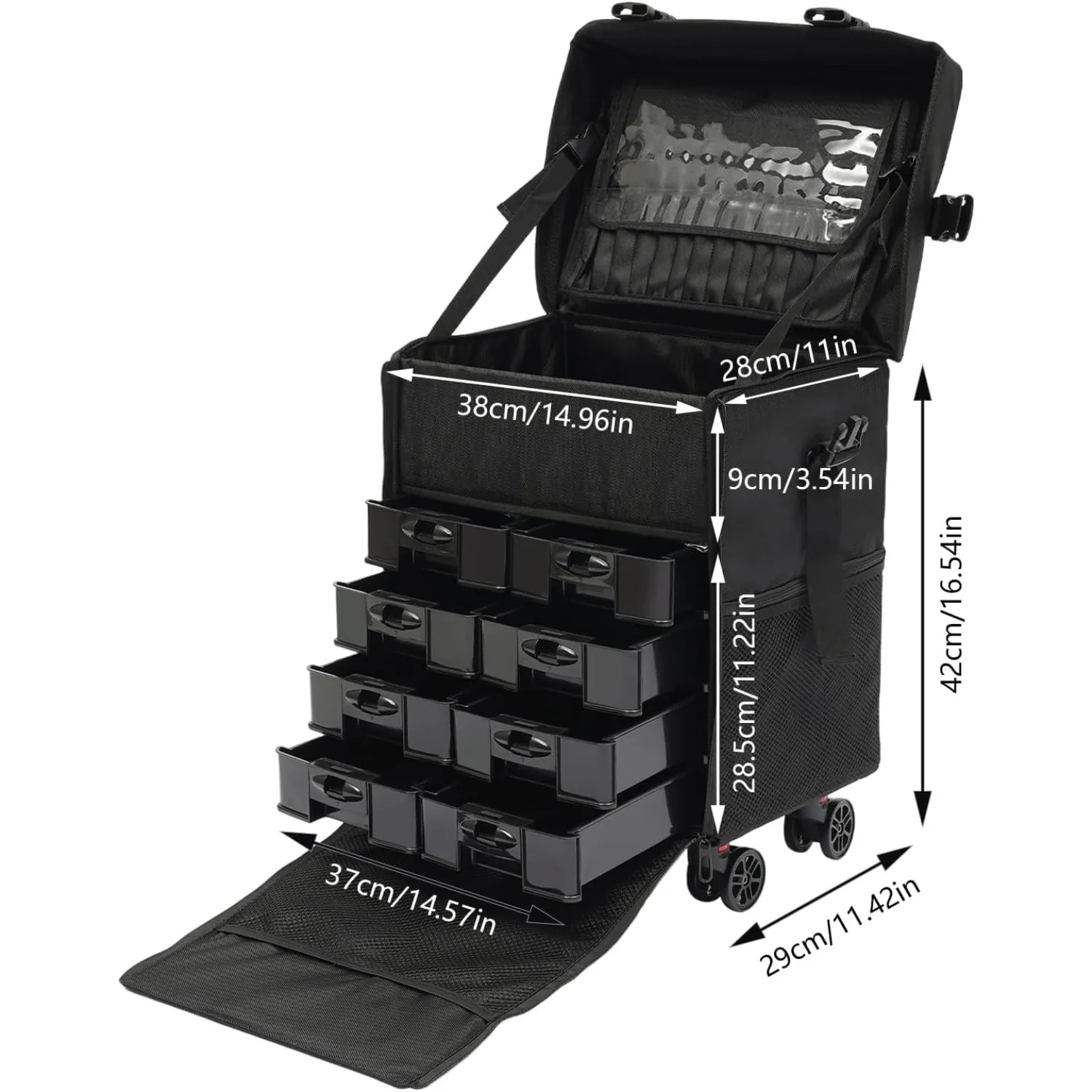 Estojo de maquiagem com rodinhas, puxado à mão, com 8 gavetas removíveis, estojo de maquiagem com rodas universais e fivela de inserção reta