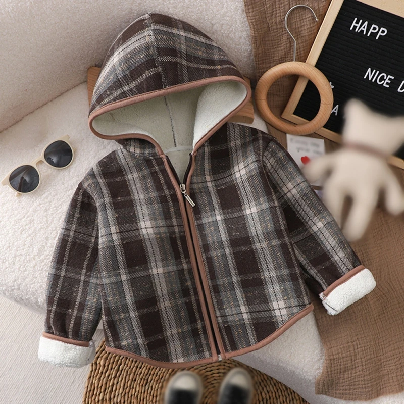 Winter Autumn Boys Girls Padded Thickened Hooded Jacket Outerweat Long Sleeve Plaid Coats New Children's Hoodies Coats