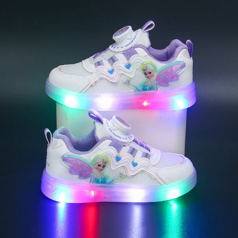 Chaussures de dehors en Cuir Décontractées à Lumière LED pour Fille, Baskets Roses et Violettes à la Mode, Princesse Elsa, Disney