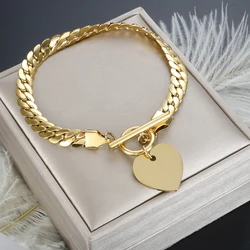 Bracciale con ciondolo a forma di cuore con ciondoli, catena a maglie cubane in acciaio inossidabile per le donne, commercio all'ingrosso di gioielli di moda alla moda impermeabili