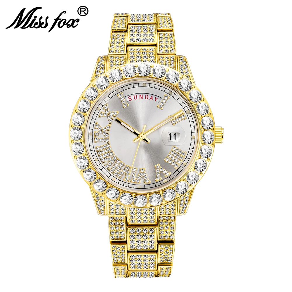 

MISSFOX Роскошные мужские наручные часы Business Bling Iced Out Diamond Автоматическая дата Кварцевые часы Светящиеся мужские часы из нержавеющей стали Reloj