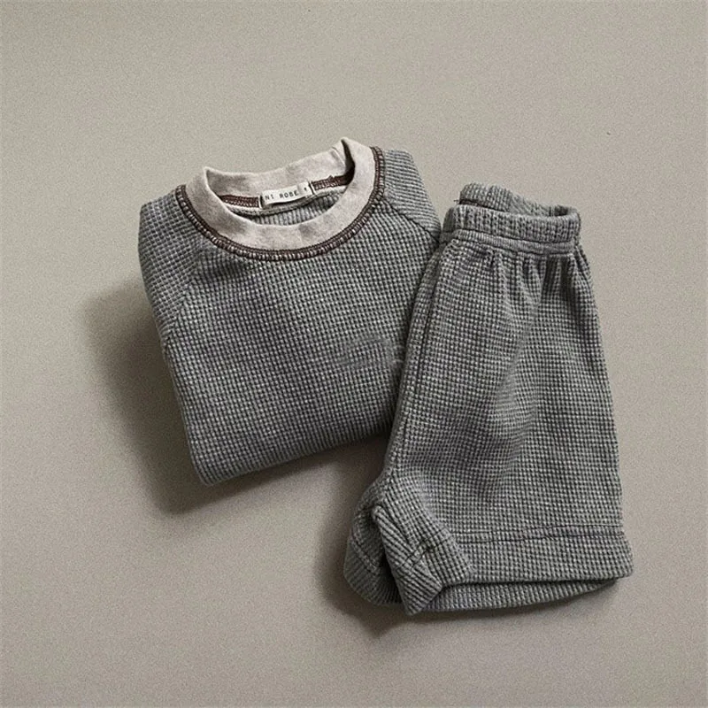 Autumn New Baby Long Sleeve Clothes Set Boys Girls Solid Waffle Tops + Shorts 2pcs Suit Infant Toddler Casual Sweatshirt Outfits