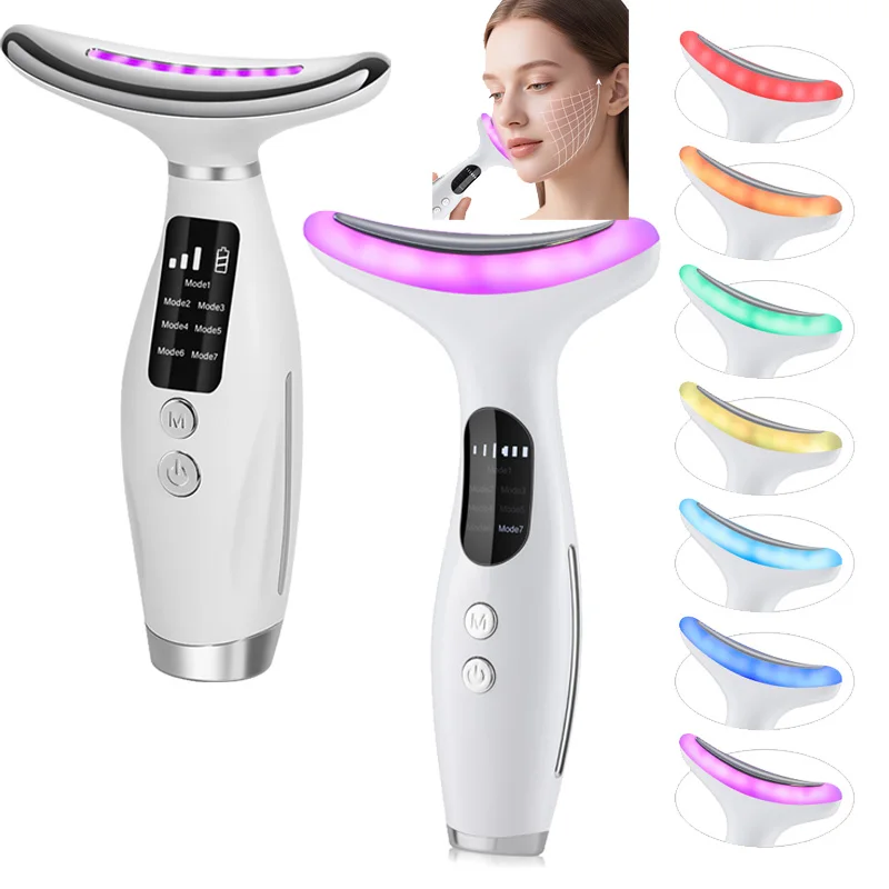 Appareil de beauté pour le cou et le visage, 7 couleurs, thérapie photonique LED, raffermissement de la peau, dissolvant de rides, masseur Facial à vibrations chauffées